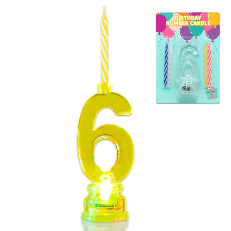 Novelty Place Birthday Number Candle Set, Flashing Multicolor Changing LED Birthday Cake Topper with 4 Wax Candles (Number 6) - Image 1